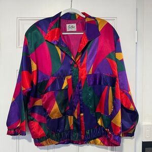 Vintage 90s G. Oberti Colorful Geometric Color block Satin Bomber Jacket